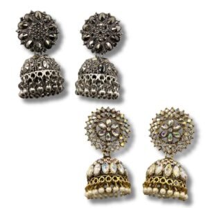 2 Pair Jhumki Earrings for Women – Polki & Crystal Stone Gold-Plated Combo
