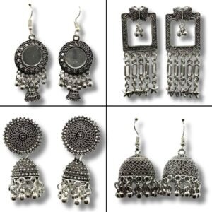 Earrings for Women and Girls – Oxidised Silver Combo Set of 4 Stylish Designs Traditional Jhumka, Round Stud, Mirror & Star Chain Danglers Ethnic & Party Wear Jewelry