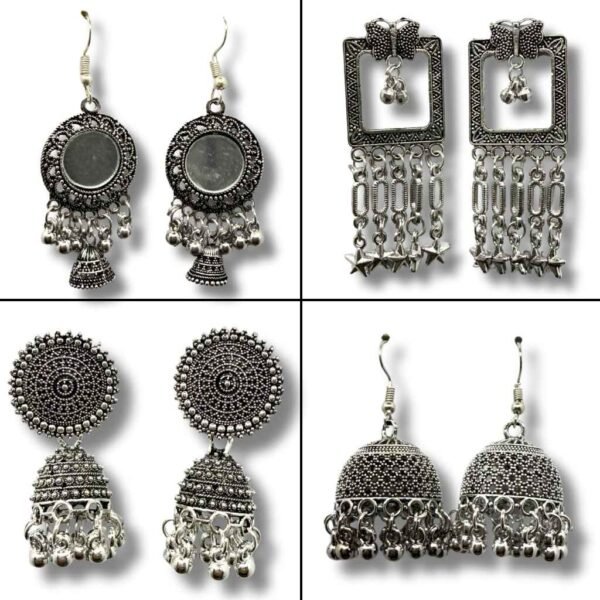 Earrings for Women and Girls – Oxidised Silver Combo Set of 4 Stylish Designs Traditional Jhumka, Round Stud, Mirror & Star Chain Danglers Ethnic & Party Wear Jewelry