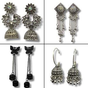 Oxidised Silver Earrings Combo Set for Women 4 Pair Traditional & Stylish Design Jhumka, Danglers, Butterfly Earrings