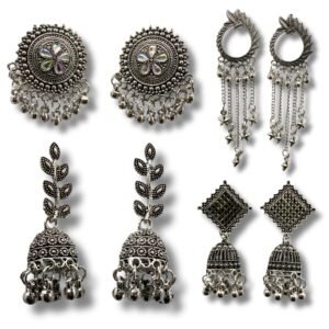 Oxidised Silver Earrings Combo Set – 4 Pair Jhumka, Chandbali, Stud & Dangler Earrings for Women & Girls