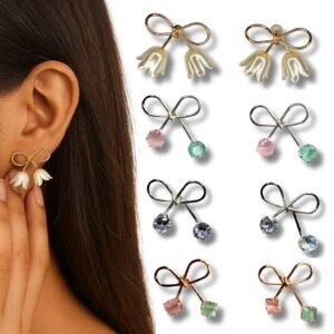 4 Pairs Combo Bow Earrings for Girls Pearl & Crystal Studs