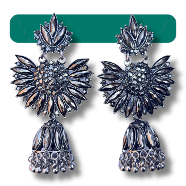 Black Oxidised Floral Jhumka Earrings for Women - Image 2