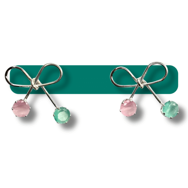 Bow Knot Earrings for Girls - Cute Pink & Green Stone Studs - Image 2