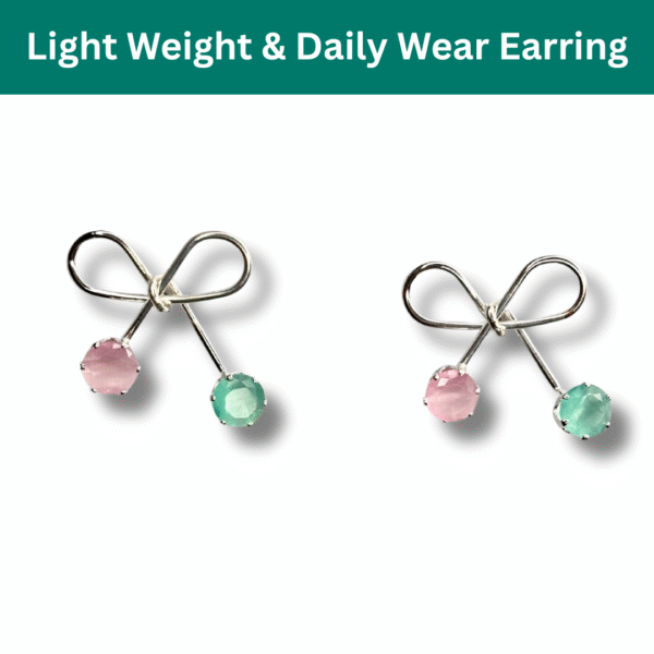 Bow Knot Earrings for Girls - Cute Pink & Green Stone Studs - Image 5