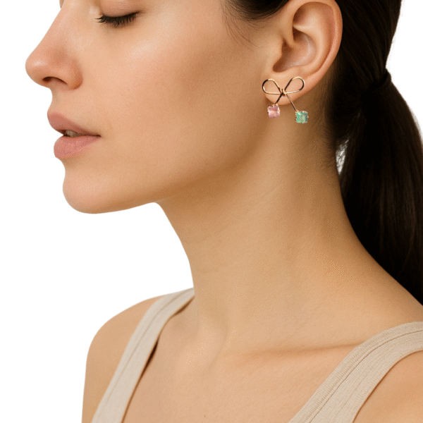 Bow Knot Earrings for Women & Girls - Gold Plated Dual Stone Studs - Image 3