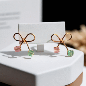 Esyko Bow Knot Earrings for Women & Girls - Gold Plated Dual Stone Studs