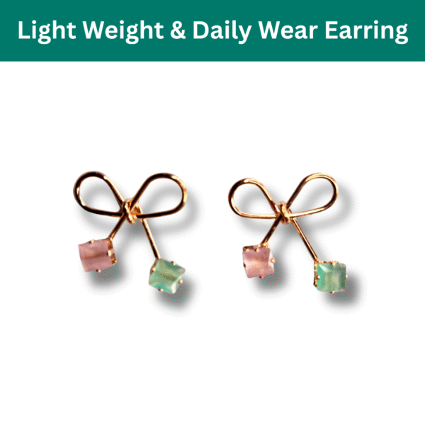 Bow Knot Earrings for Women & Girls - Gold Plated Dual Stone Studs - Image 4