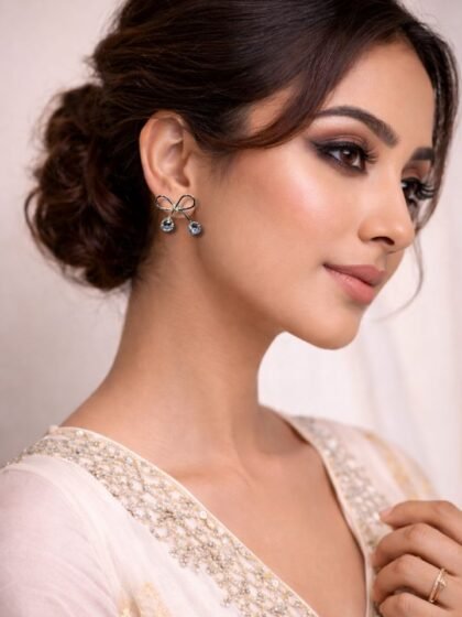 Esyko Silver Bow Knot Earrings for Women & Girls | Cute Stylish Stone Dangler Earrings | Party Wear & Daily Wear