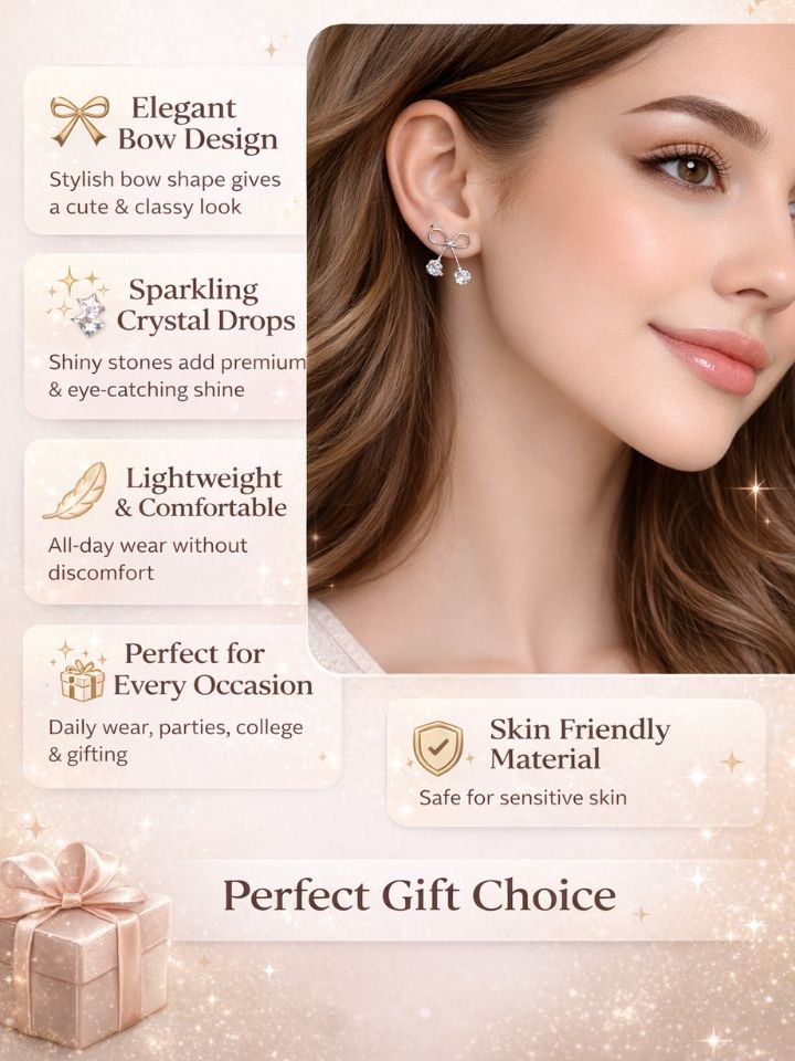 Esyko Silver Bow Knot Earrings Stylish Party Wear Earrings for Girls Esyko Silver Bow Knot Earrings for Women & Girls | Cute Stylish Stone Dangler Earrings | Party Wear & Daily Wear