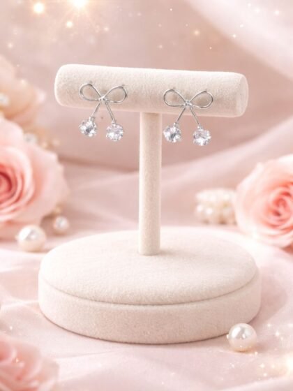 Esyko Silver Bow Knot Earrings for Women & Girls | Cute Stylish Stone Dangler Earrings | Party Wear & Daily Wear