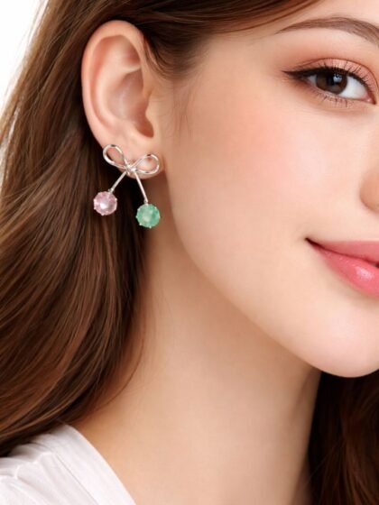 Esyko Bow Knot Earrings For Girls with Pink & Green Stones | Stylish Dangler Earrings for Women & Girls