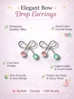 Esyko Bow Knot Earrings For Girls with Pink & Green Stones | Stylish Dangler Earrings for Women & Girls