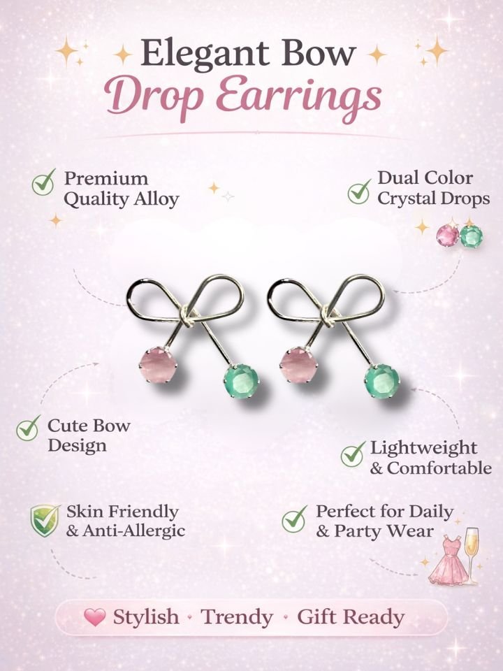 Esyko Bow Knot Earrings For Girls with Pink & Green Stones | Stylish Dangler Earrings for Women & Girls