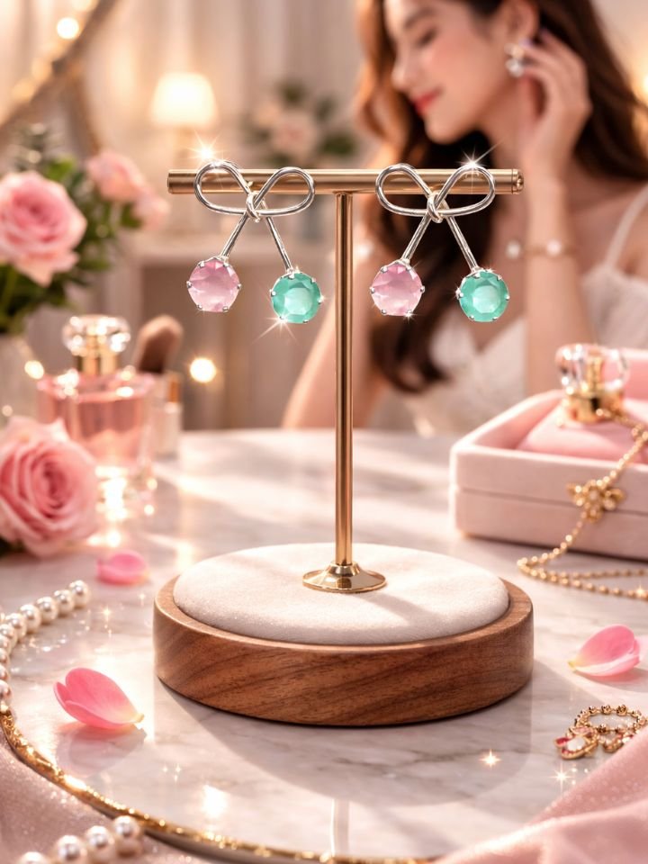 Esyko Bow Knot Earrings For Girls with Pink & Green Stones | Stylish Dangler Earrings for Women & Girls