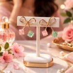Esyko Bow Knot Earrings For Women & Girls with Pink & Mint Stone Drops | Cute Trendy Stud Earrings for Girls & Women | Stylish Party Wear Jewelry