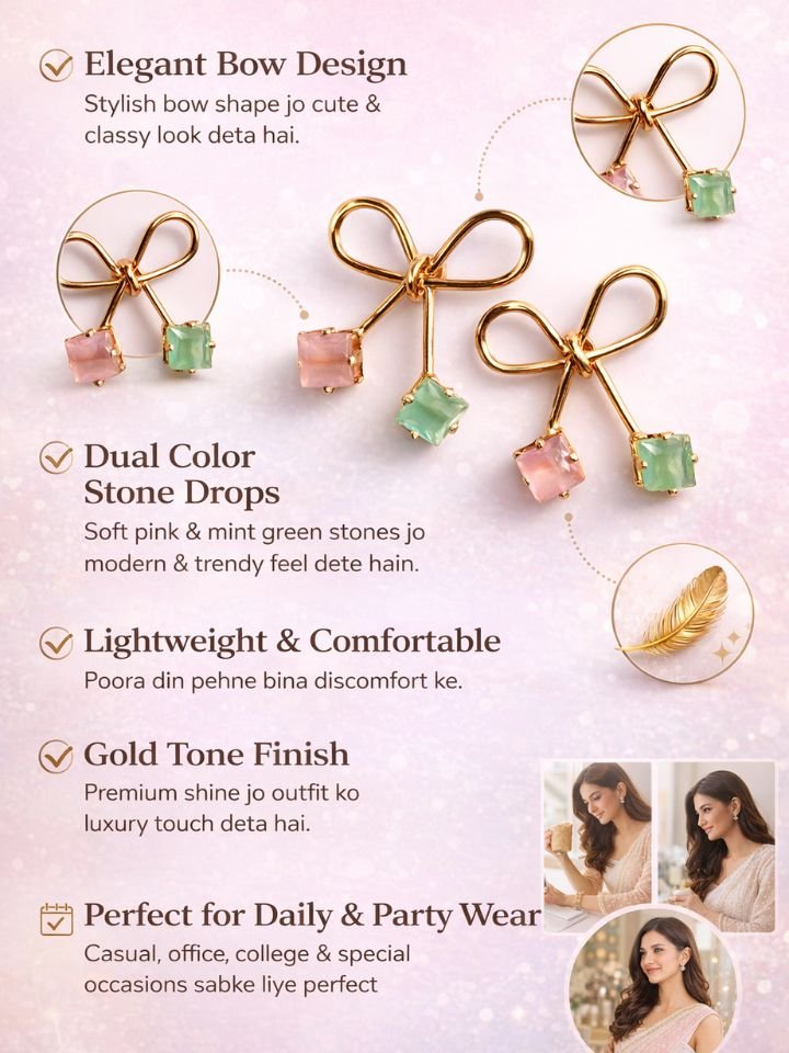 Esyko Bow Knot Earrings For Women & Girls with Pink & Mint Stone Drops | Cute Trendy Stud Earrings for Girls & Women | Stylish Party Wear Jewelry
