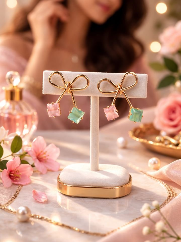 Esyko Bow Knot Earrings For Women & Girls with Pink & Mint Stone Drops | Cute Trendy Stud Earrings for Girls & Women | Stylish Party Wear Jewelry