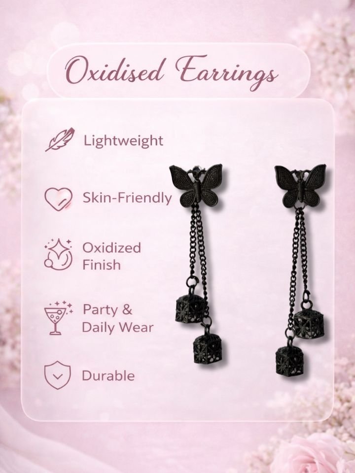 Esyko Butterfly Oxidised Jhumka Earrings for Women & Girls | Oxidised Drop Chain Jhumka Earrings | Stylish Party & Ethnic Wear