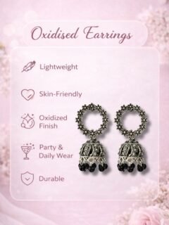 Buy Esyko Oxidised Silver Floral Jhumka Earrings – Ethnic Black Bead Danglers for Women