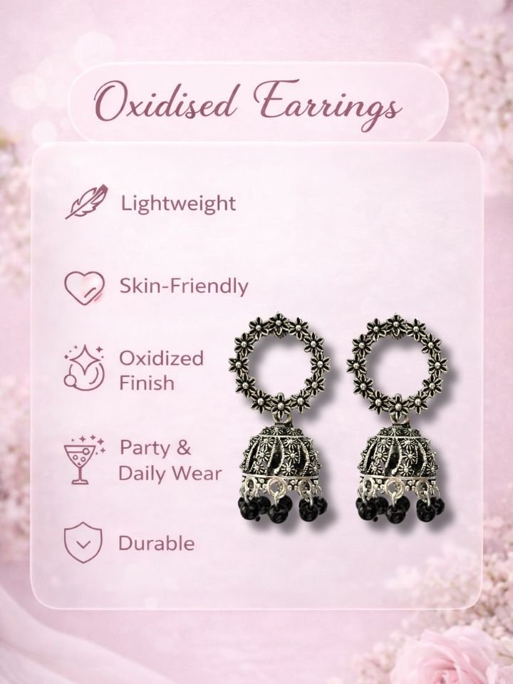 Buy Esyko Oxidised Silver Floral Jhumka Earrings – Ethnic Black Bead Danglers for Women