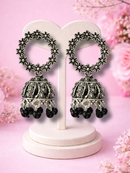 Buy Esyko Oxidised Silver Floral Jhumka Earrings – Ethnic Black Bead Danglers for Women