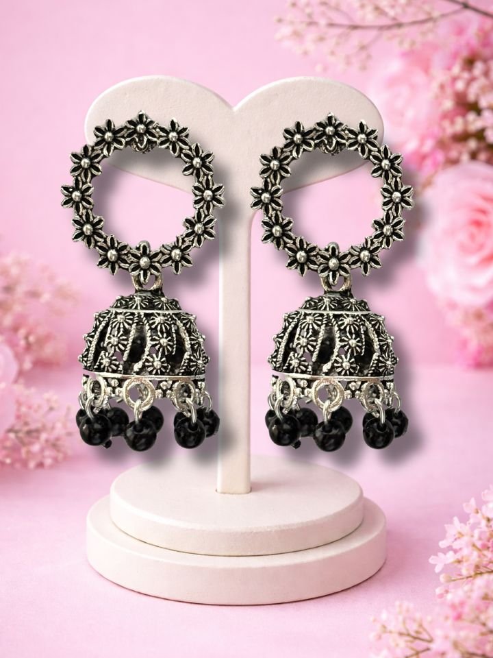 Buy Esyko Oxidised Silver Floral Jhumka Earrings – Ethnic Black Bead Danglers for Women