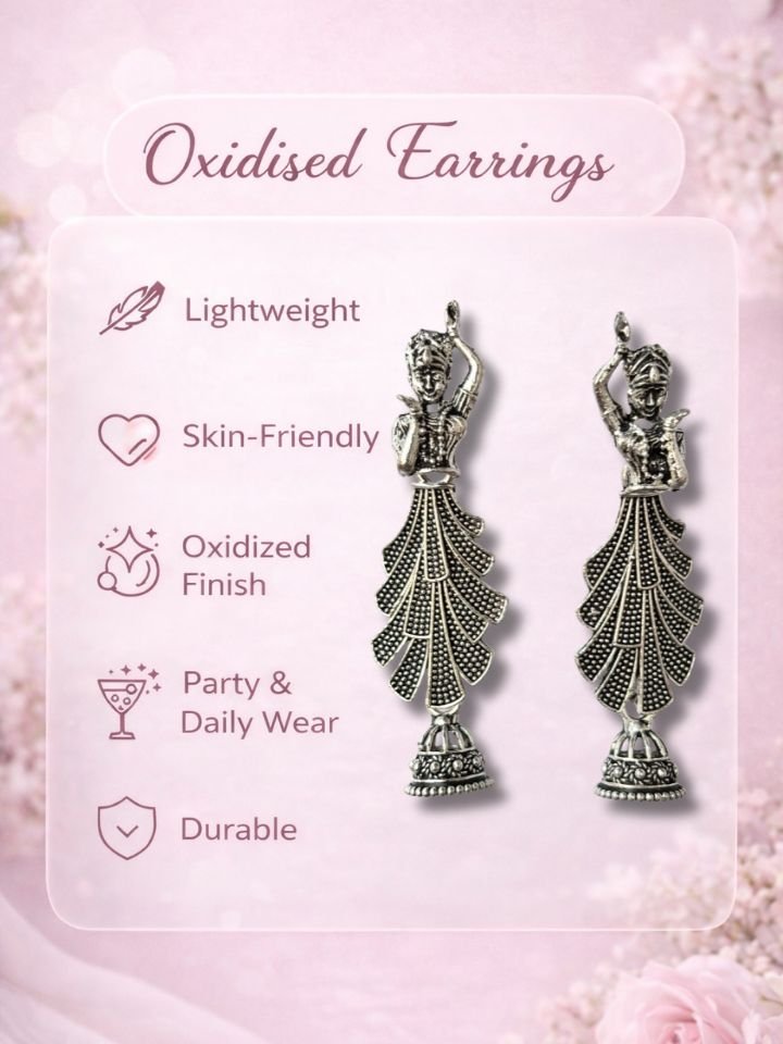 Esyko Oxidised Silver Dancing Lady Earrings 2 Esyko Oxidised Silver Dancing Lady Earrings | Traditional Ethnic Jhumka Dangler for Women
