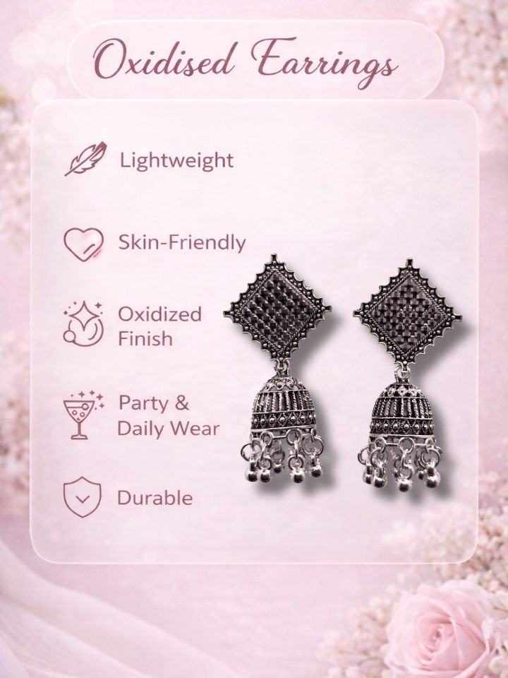 Esyko Oxidised Square Jhumka Earrings for Women & Girls | Traditional Antique Dangling Ethnic Earrings