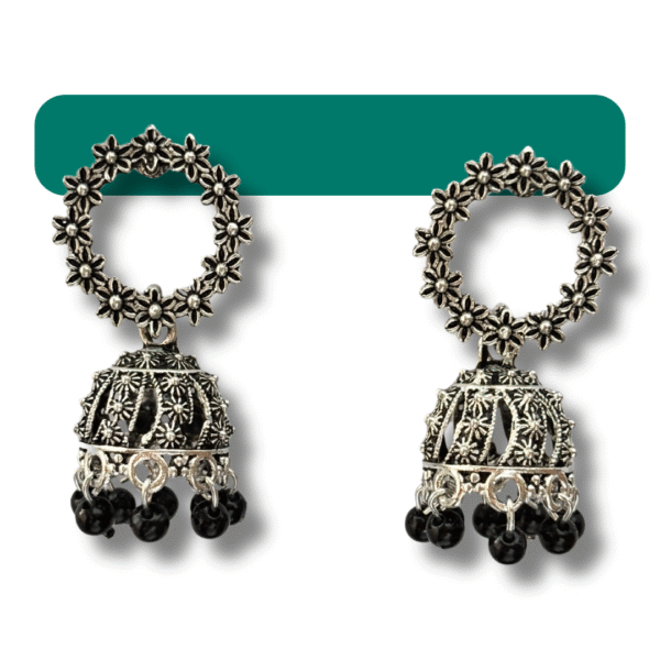 Oxidized Silver Floral Jhumka Earrings for Women & Girls - Image 2