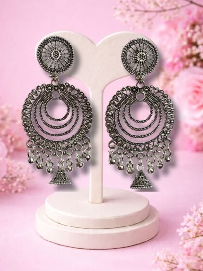 Oxidized Silver Round Top Floral Jhumka Earrings | Traditional Ethnic Dangler Earrings | Boho Tribal Statement Jewellery by Esyko