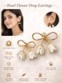 Esyko Pearl Flower Bow Earrings for Women & Girls | Elegant Dangler Earrings | Party & Daily Wear