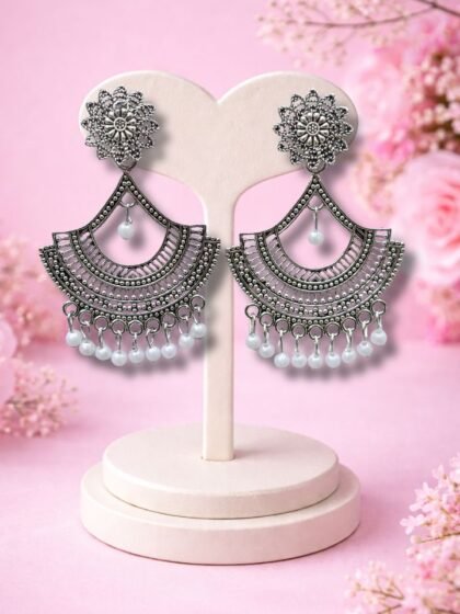 Oxidised Silver Jhumka Earrings for Women & Girls with White Beads