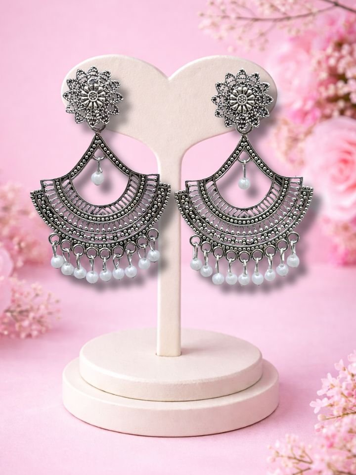 Oxidised Silver Jhumka Earrings for Women & Girls with White Beads Oxidised Silver Jhumka Earrings for Women & Girls with White Beads