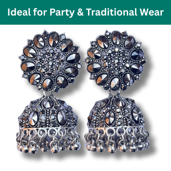 Oxidised Black Stone Jhumka Earrings for Women & Girls - Ethnic Party Wear Jewellery - Image 2