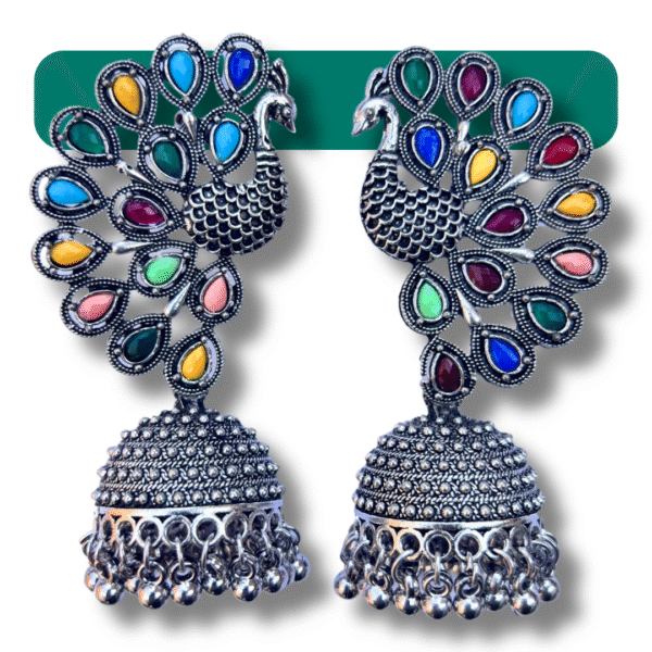 Oxidised Peacock Jhumka Earrings for Women & Girls - Multicolor Partywear Jewellery - Image 2