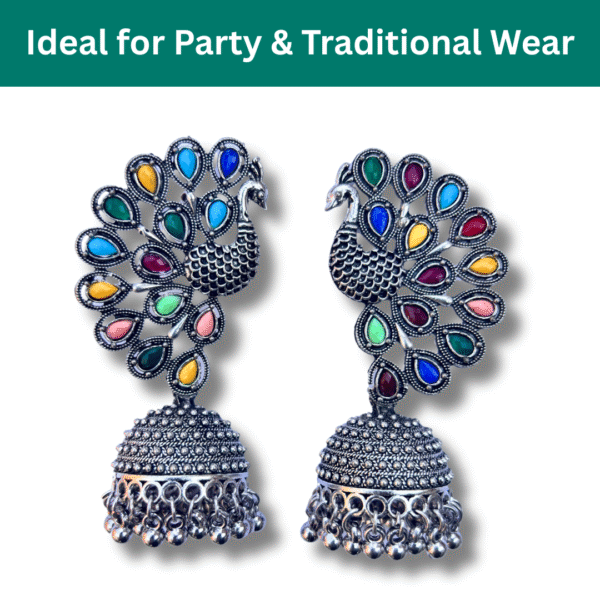 Oxidised Peacock Jhumka Earrings for Women & Girls - Multicolor Partywear Jewellery - Image 5