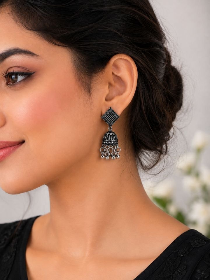 Oxidised Square Jhumka Earrings 12 Oxidised Square Jhumka Earrings – Traditional Ethnic Dangling Earrings