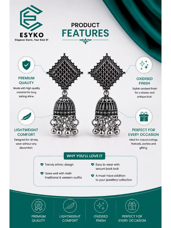 Oxidised Square Jhumka Earrings 14 Oxidised Square Jhumka Earrings – Traditional Ethnic Dangling Earrings