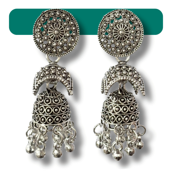 Oxidized Silver Round Top Floral Jhumka Earrings for Women - Image 2