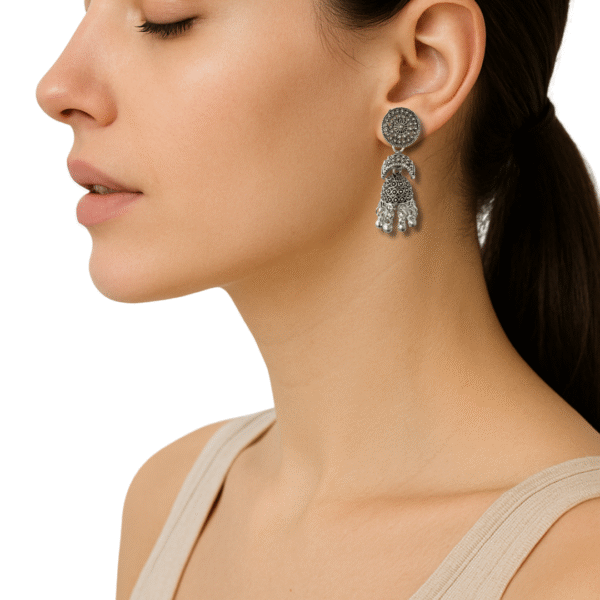 Oxidized Silver Round Top Floral Jhumka Earrings for Women - Image 3