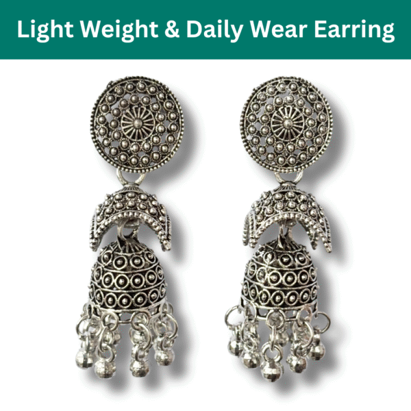 Oxidized Silver Round Top Floral Jhumka Earrings for Women - Image 5