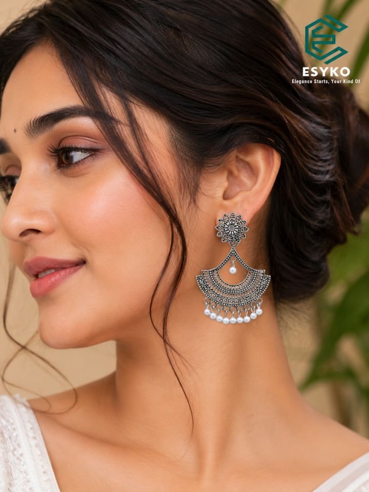 Silver Jhumka Earrings for Women 13 Oxidised Silver Jhumka Earrings for Women & Girls with White Beads