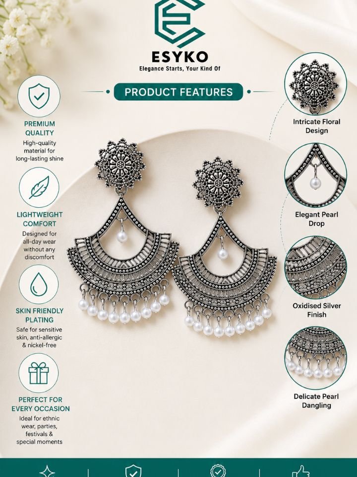 Silver Jhumka Earrings for Women 14 Oxidised Silver Jhumka Earrings for Women & Girls with White Beads