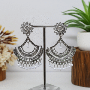 Oxidised Silver Jhumka Earrings for Women & Girls with White Beads