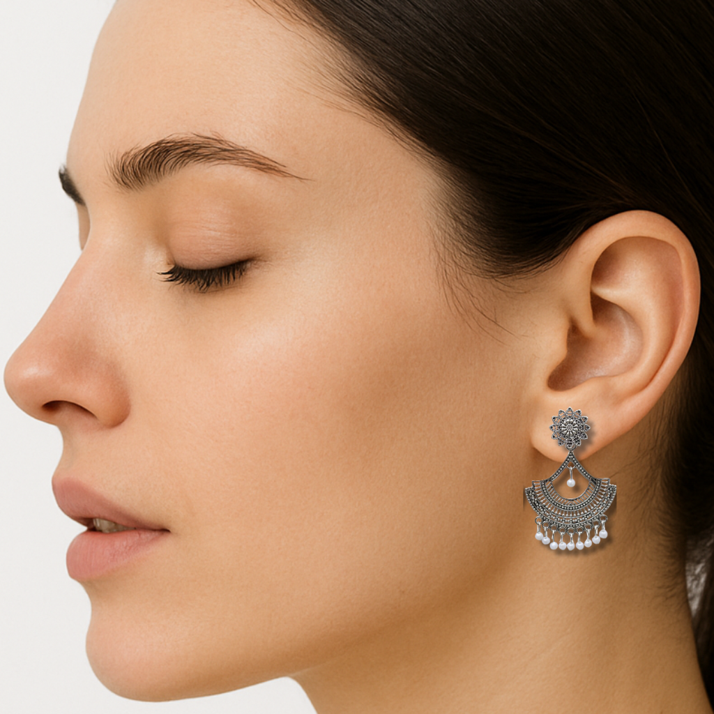 Silver Jhumka earrings for women 4 Oxidised Silver Jhumka Earrings for Women & Girls with White Beads