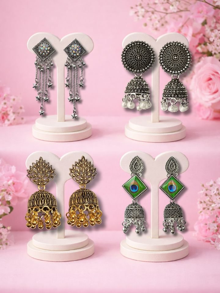 4 Pair Gold Plated & Oxidised Earrings Combo | Traditional Ethnic Earrings for Women Esyko 4 Pair Gold Plated & Oxidised Earrings Combo for Women & Girls | Traditional Dangler Earrings Set | Stylish Ethnic Party Wear Earrings