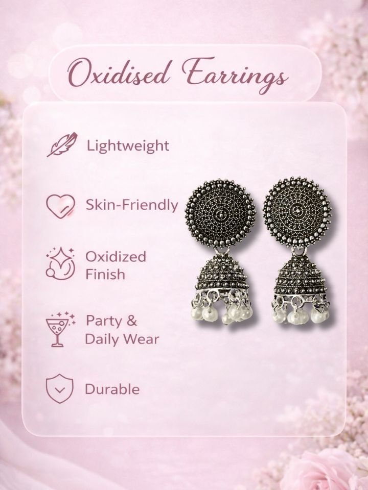 Oxidised Silver Jhumka Earrings With Pearl Beads