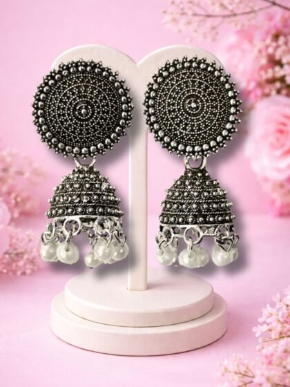 Buy Trendy Earrings, Hair Claw, Lunch Boxes Online | Esyko Oxidised Silver Jhumka Earrings With Pearl Beads