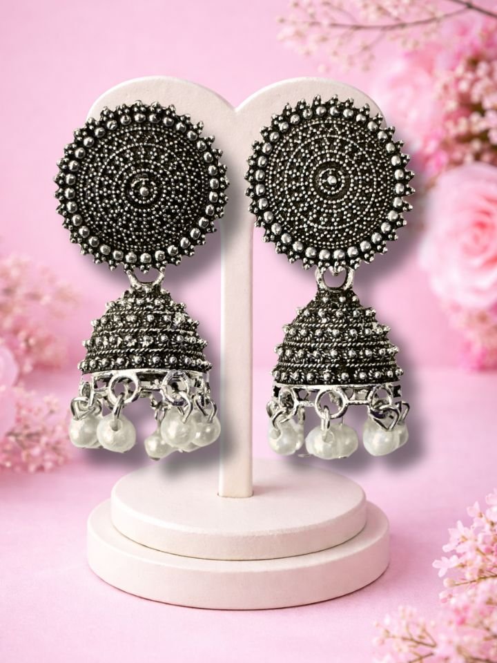 Oxidised Silver Jhumka Earrings With Pearl Beads
